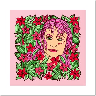 Pink Flower Girl and Green Leaves Posters and Art